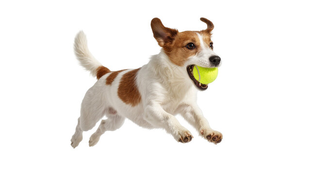 Brown and White Jack Russell Terrier Dog Jumping with Yellow Ball