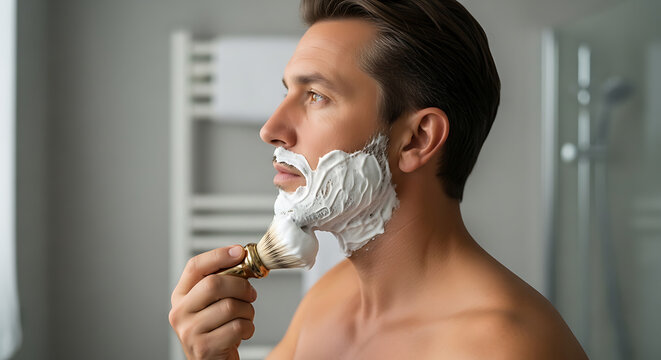 Man with short hair applying shaving cream with a brush in a marble bathroom, towel around neck, morning grooming ritual.
