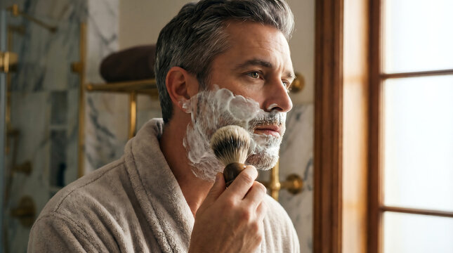 Man with short hair applying shaving cream with a brush in a marble bathroom, towel around neck, morning grooming ritual.