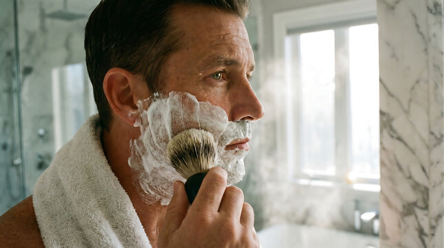 Man with short hair applying shaving cream with a brush in a marble bathroom, towel around neck, morning grooming ritual.