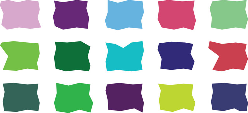 Group of fifteen irregular colored shapes on a white background with background