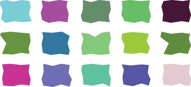 Fifteen irregular pastel and colored shapes arranged on a white background