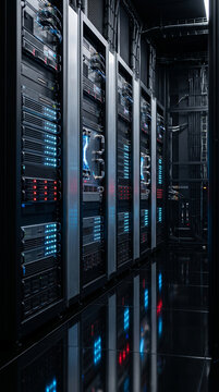 A row of rack servers is set up in a dark room. Blue and red lights blink on the servers. Wires and cables connect the machines, showing a busy data center. The floor is shiny and reflects the lights.