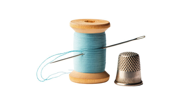 Wooden spool light blue thread sewing needle silver thimble
