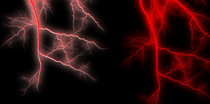 Glowing lightning branches on black background, red and white electrical storm