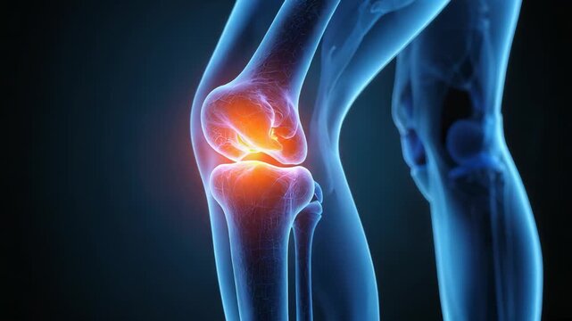 Transparent blue anatomical human leg bones with glowing red highlighted painful inflammation area at knee joint