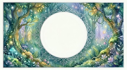 Obraz premium Enchanted forest frame with mystical vines, flowers and magical elements surrounding circular white space for text or design on fantasy background.