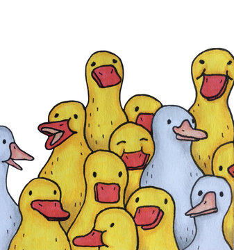 Hand-drawn marker illustration of a group of yellow and white ducks, cute characters with red beaks in a naive art style