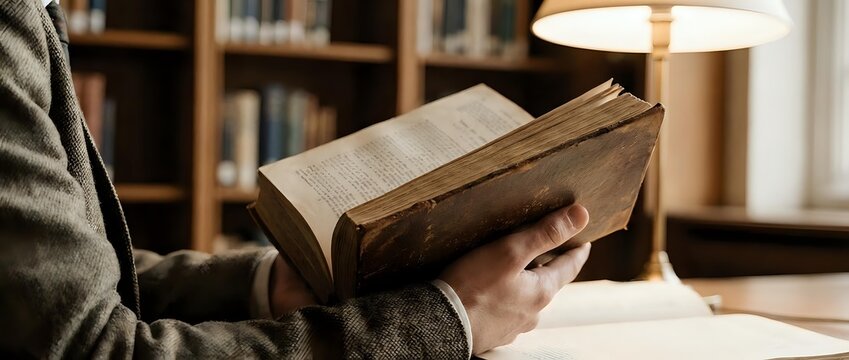 Person in tweed jacket reading an aged, worn book in a classic library setting with warm lamp light and bookshelves in background.