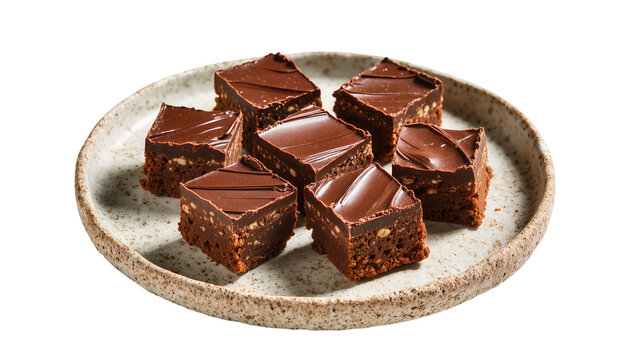 Rich chocolate fudge brownies with nuts topped with glossy ganache, isolated on transparent background