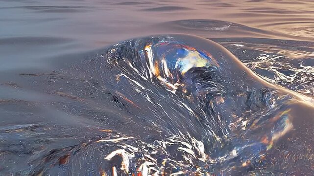 Abstract swirling liquid metal surface with iridescent rainbow reflections and dramatic light highlights creating a fluid, dynamic, and visual effect Keywords: liquid, abstract, metal, surface