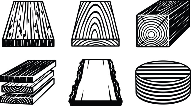 Wood Texture and Lumber Cross Section Icon Set with Tree Rings, Timber Blocks, Wooden Boards, and Natural Grain Patterns for Carpentry and Material Design