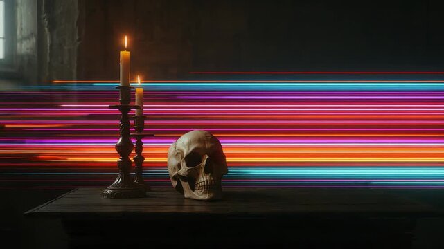 Human skull on dark table next to lit candles with colorful long exposure light streaks in dramatic moody background