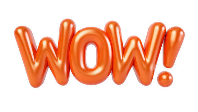 Orange metallic balloon letters spelling WOW with exclamation mark, isolated on transparent background
