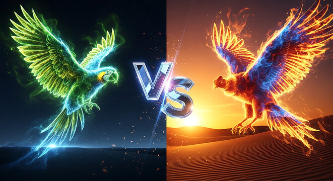 Dynamic neon parrot versus fiery phoenix, a vibrant digital art battle. Intense glowing birds, abstract light effects, and contrasting elemental power for impactful design.