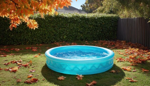 Light blue inflatable paddling pool filled with clear water sitting on green grass in a backyard garden surrounded by vibrant autumn leaves and a lush green hedge on a sunny day