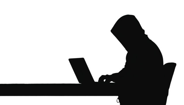 Hacker works on a laptop computer while sitting at a desk in this dark digital security silhouette.