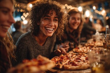 Naklejka premium Joyful friends sharing pizza at cozy restaurant