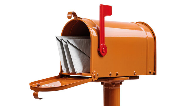 Orange metal mailbox with red flag and letters, isolated on transparent background