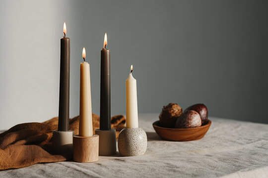 Minimalist Advent candle arrangement on table with soft natural light and calm spiritual Christmas atmosphere
