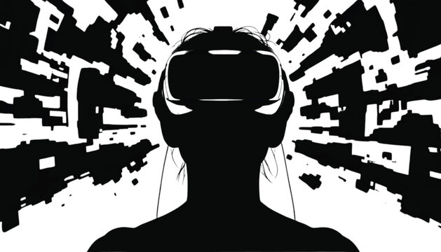 User wearing a virtual reality visor navigates through a complex digital architectural maze space.