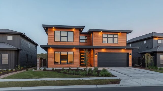 Modern two story suburban house exterior at dusk with warm interior lights, driveway, garage, lawn, and contemporary residential architecture