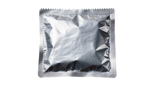 Silver foil condom wrapper sealed and crinkled, isolated on transparent background