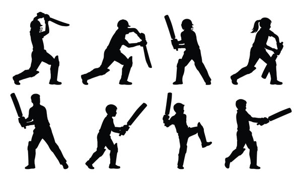 Set of cricket player silhouettes featuring children batting and practicing sport movements