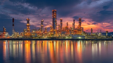 Obraz premium Illuminated Oil Refinery at Blue Hour Reflecting Golden Lights on Water
