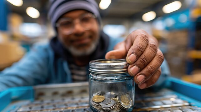 Warehouse worker saving overtime earnings in coin jar during break