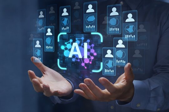 AI-powered HR evaluation and performance appraisal. Automated review of assessment scores. Businessperson holding artificial Intelligence icons and charts.