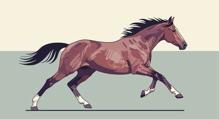 Brown horse with black mane and tail runs on green and beige background © VectorNest Studio