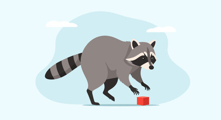 A gray raccoon with a black and white mask on its face walks towards a red object on the ground. © VectorNest Studio