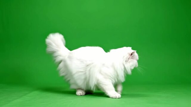 Fluffy White Persian Cat Walking on Green Screen Background, 