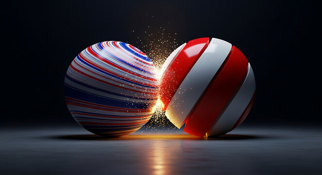 Dynamic collision of two striped spheres, red and white versus red, white, and blue, creating a dramatic spark effect. Abstract concept of impact, conflict, and energy in motion.