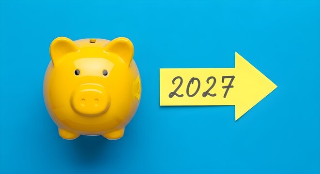 Yellow piggy bank points toward the year 2027 with a bright yellow arrow on blue background.