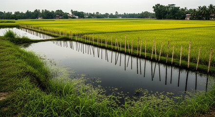 Naklejka premium A serene landscape featuring a vibrant green rice paddy field adjacent to a calm irrigation canal with bamboo fence posts in rural bangladesh