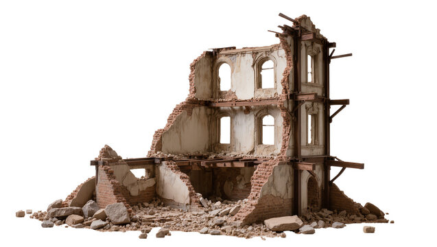 Dilapidated brick building ruins with arched windows, isolated on transparent background