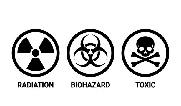 Comprehensive collection of hazardous material warning icons featuring black and white vector symbols for radiation biohazard and toxic substances.