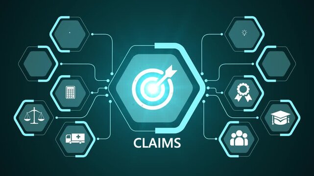 Insurance claims network animation with glowing data connections and technology icons, digital claims processing and verification workflow concept, on transparent background consept.