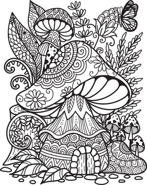 Abstract mandala mushroom tiny house and small mushroom growing on stump surrounded by leaves and flowers. Vector illustration.Coloring page size 8.5x11.