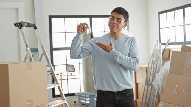 Man holding house key between fingers and presenting it with open palm amid stacked moving boxes and ladder in bright building; joy new home.