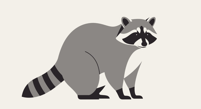 A gray raccoon with a black and white face and tail standing on a plain background.