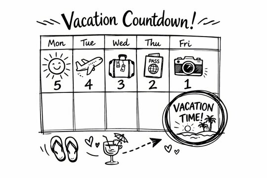 A countdown calendar displays five days until vacation with drawings like a sun, plane and suitcase. It highlights anticipation for travel.