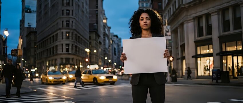 Young African American woman holding blank white sign on busy city street at dusk with illuminated buildings and traffic lights creating urban atmosphere.