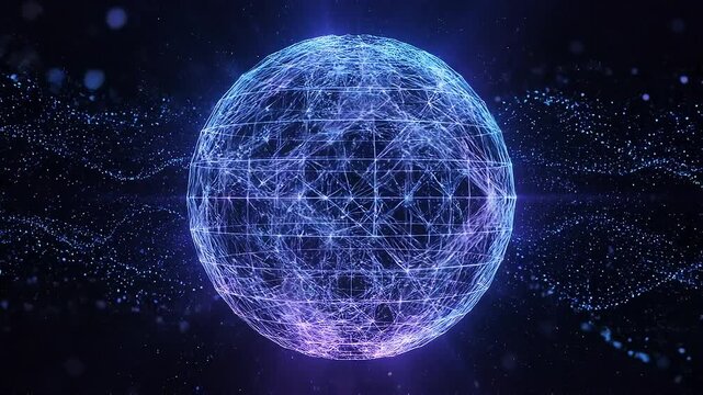 Glowing blue and purple digital sphere network with interconnected lines and particles floating in a dark cosmic background representing data and technology Keywords: digital sphere, network, data