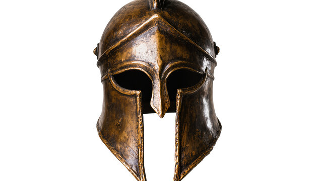 Ancient bronze Corinthian helmet with intricate detailing, isolated on transparent background