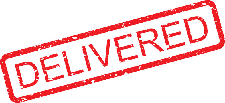 Red grunge rubber stamp impression with the word delivered in a rectangular border on white