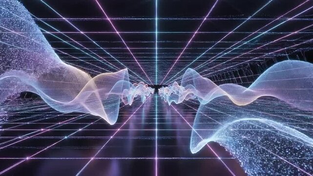 Futuristic digital landscape with glowing neon grid lines receding into the distance and translucent wavy structures flowing through the virtual space creating a sense of depth and motion