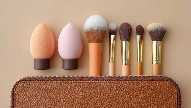 Professional makeup brushes and cosmetic sponges arranged in a row behind a brown leather textured zipper pouch on a neutral beige background in a studio setting
